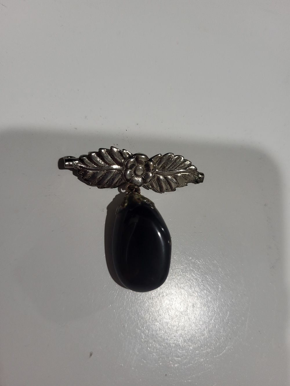 Silver Leaf Brooch with Black Onyx Stone Drop